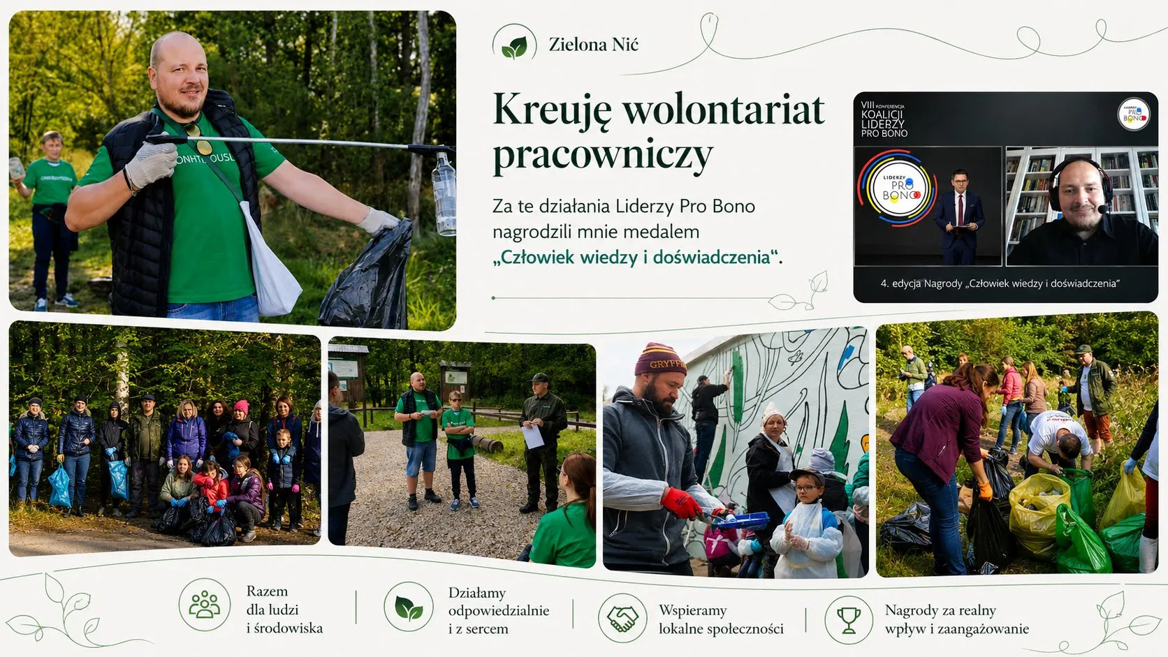 Kolaż zdjęć: wolontariat pracowniczy i projekty społeczne — akcje w terenie i nagroda „Człowiek wiedzy i doświadczenia”