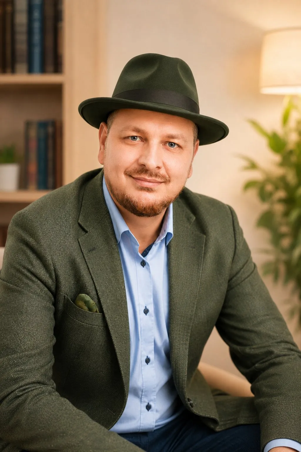 Marcin Stroński uśmiechnięty, siedzi w fotelu — swobodny portret