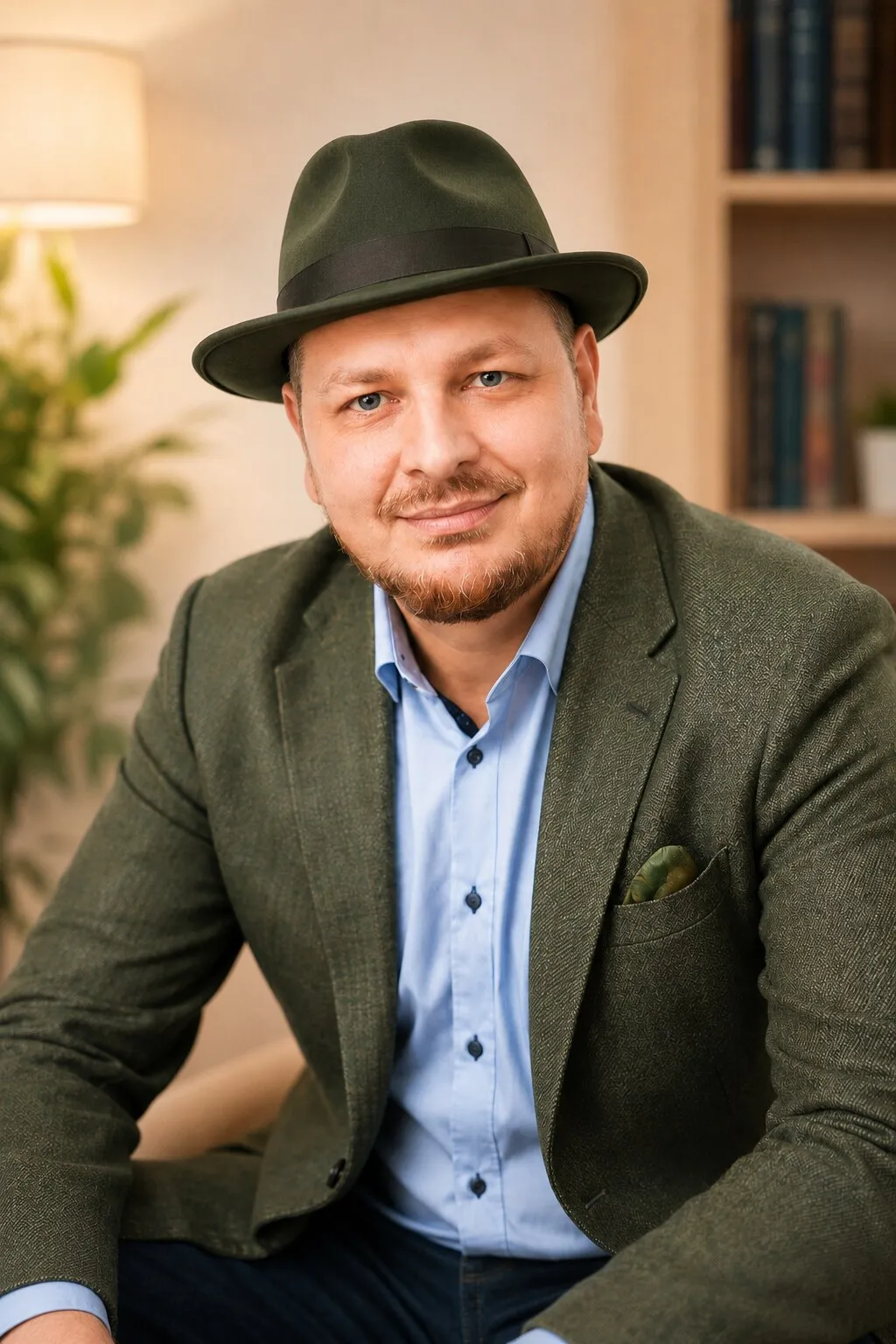 Marcin Stroński w zielonej marynarce i kapeluszu — swobodny portret na tle biblioteczki
