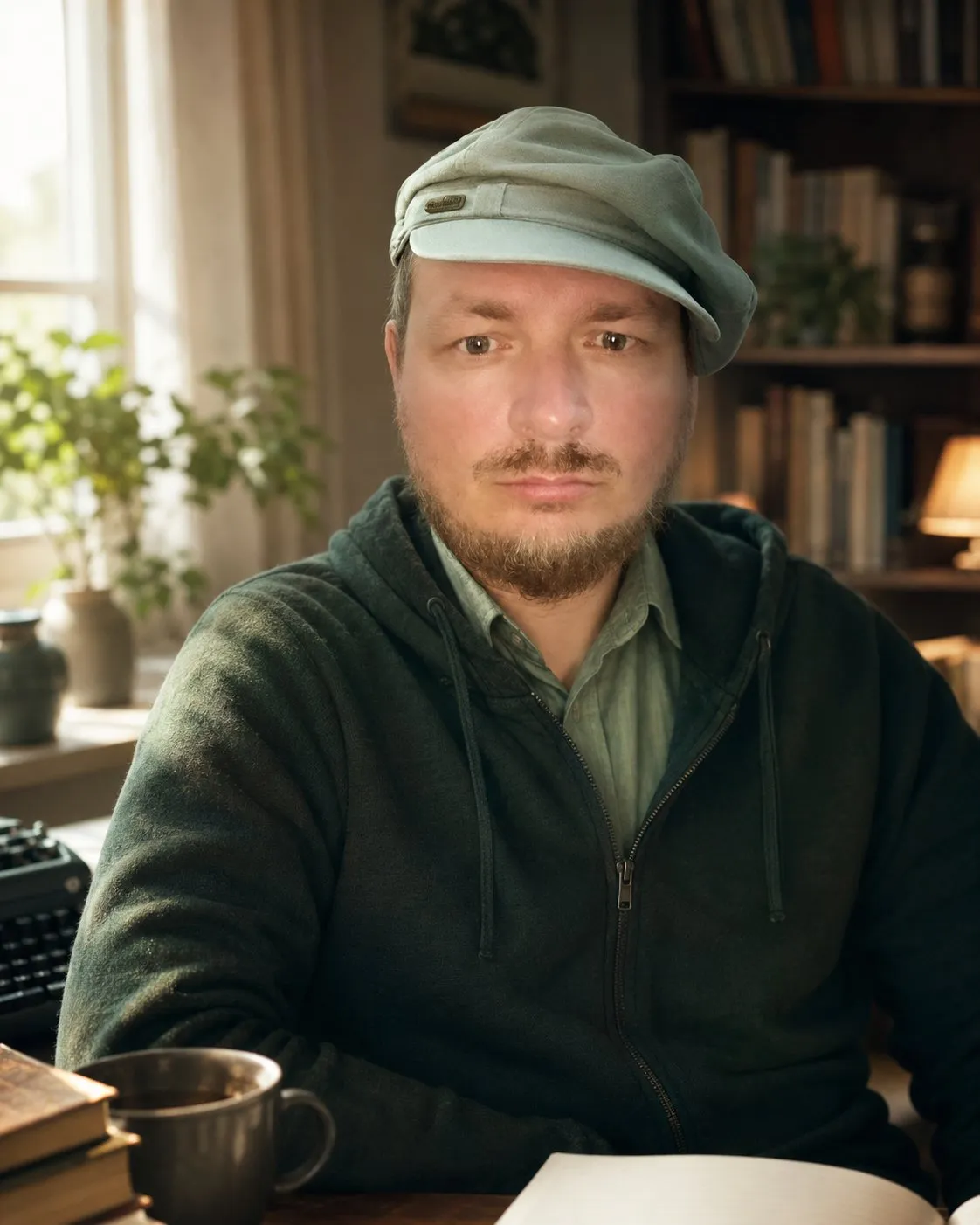 Marcin Stroński przy biurku podczas pracy nad tekstem